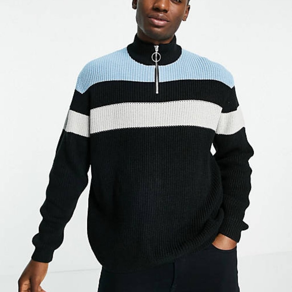 ASOS Knitted Ribbed Half Zip Sweater with Color Block Chests - Picture 8 of 8